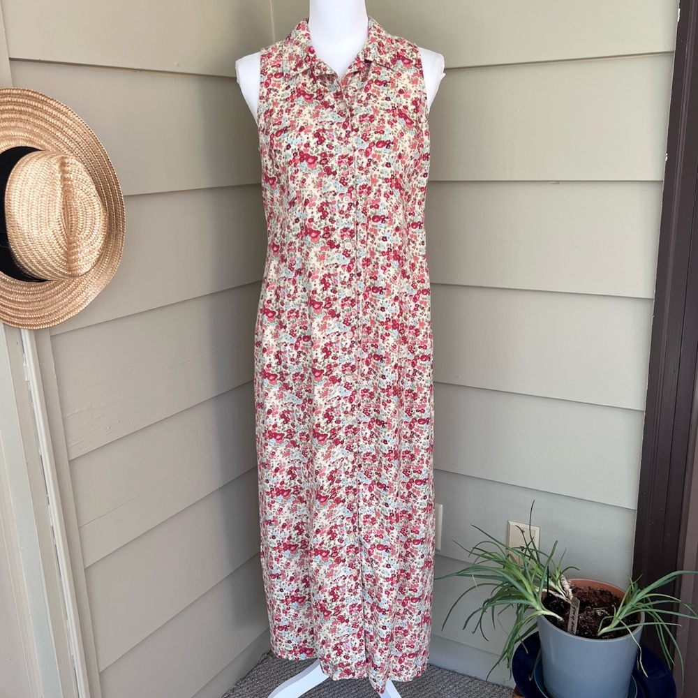 Eddie Bauer Floral Linen Dress Petite Small Maxi Collared Shirtdress Cottagecore